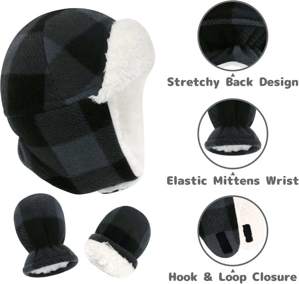 Toddler Winter Hat and Mittens Set Baby Winter Hat with Earflaps Toddler Warm Hats Sherpa Lined Baby Beanies Kids Cap