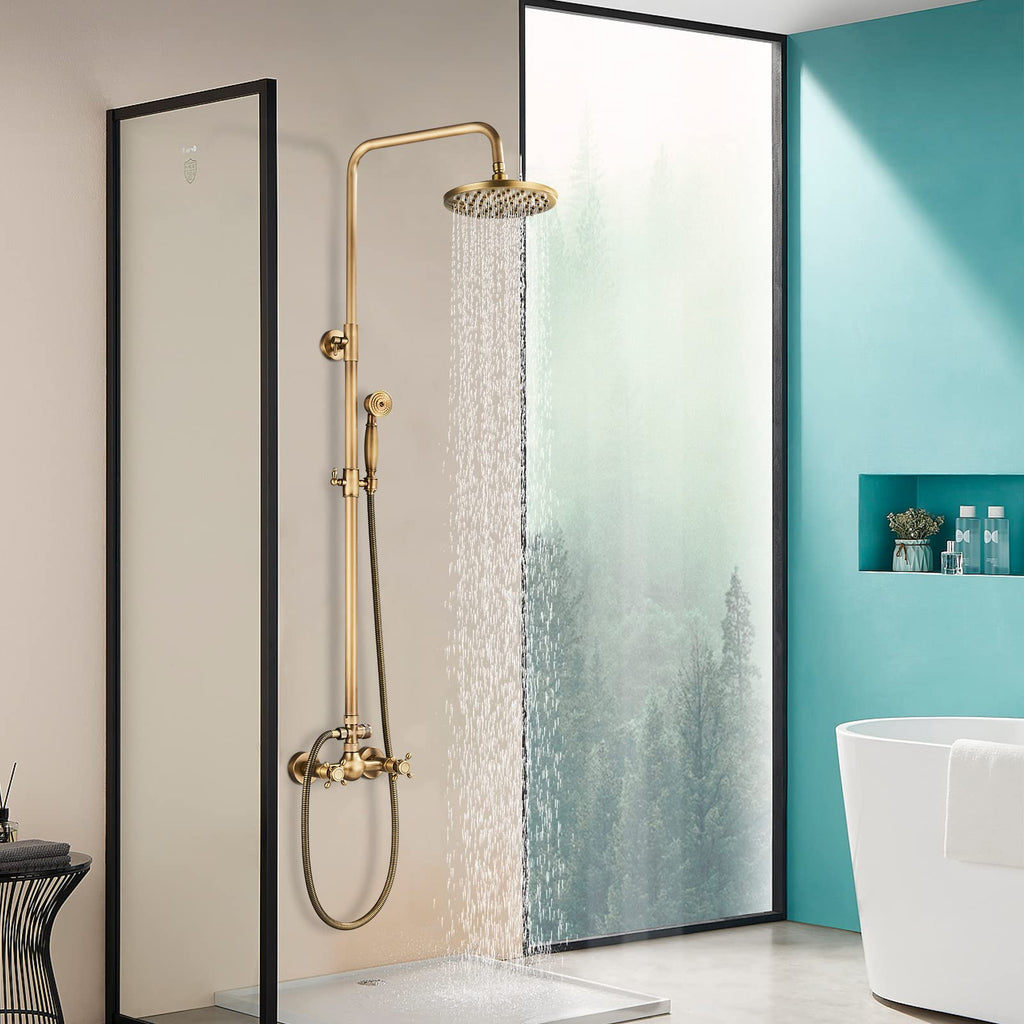 Antique Brass Bathroom Shower Faucet System Set 8 Inch Rainfall Shower Head Handheld Spray 2 Knobs Mixing