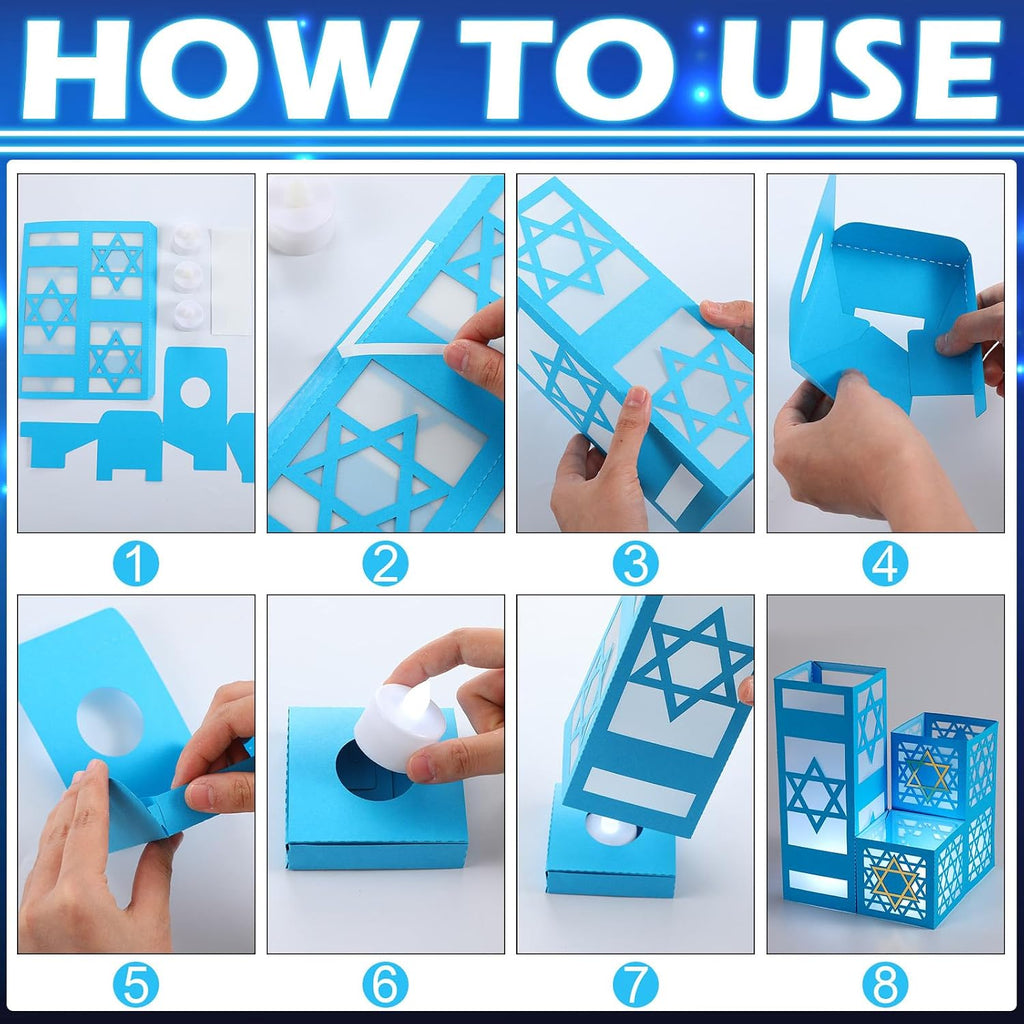 Sets Hanukkah Table Decorations 3 Size Hanukkah Lantern Boxes Centerpieces with LED Candles Dreidel Star David - Set of 12