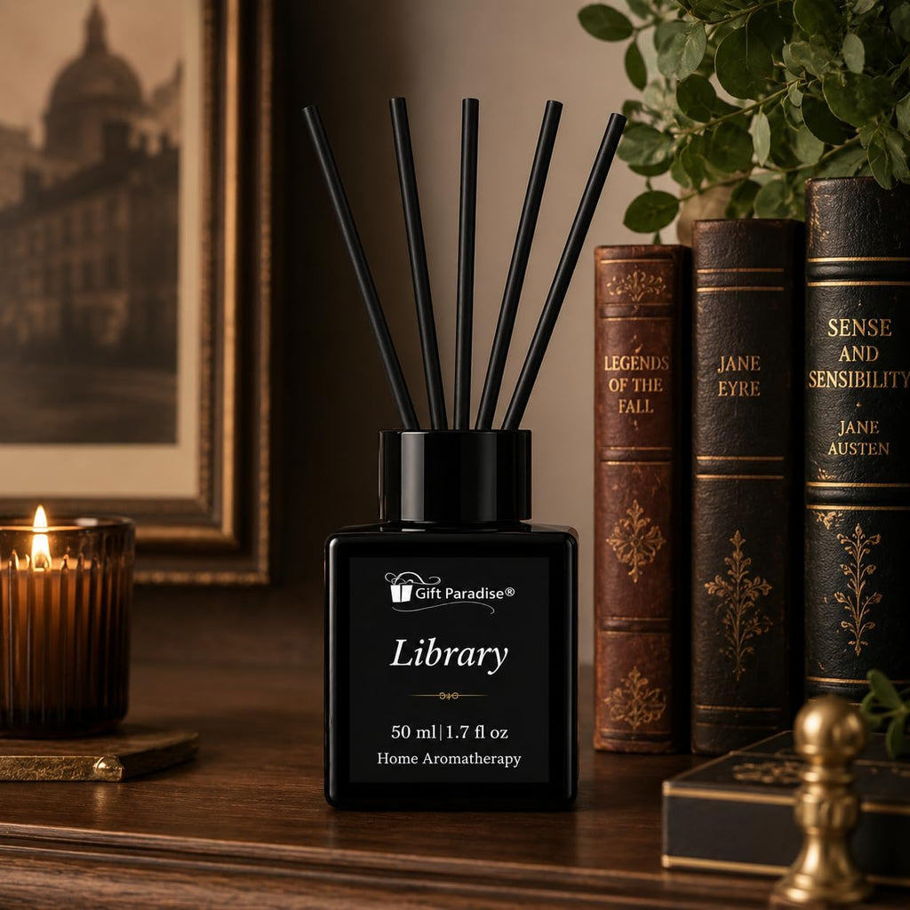 Library Luxury Reed Diffuser Set - 50 ml Scented Oil with Glass Bottle & Reed Sticks, Warm Woody Book-Inspired Home - Set of 17