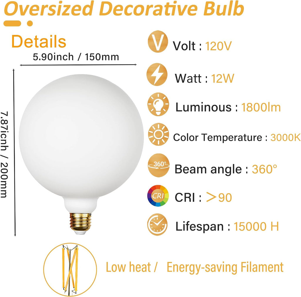 Oversized LED Edison Bulb, 12W 1800LM Dimmable E26 3000k,1 Pack