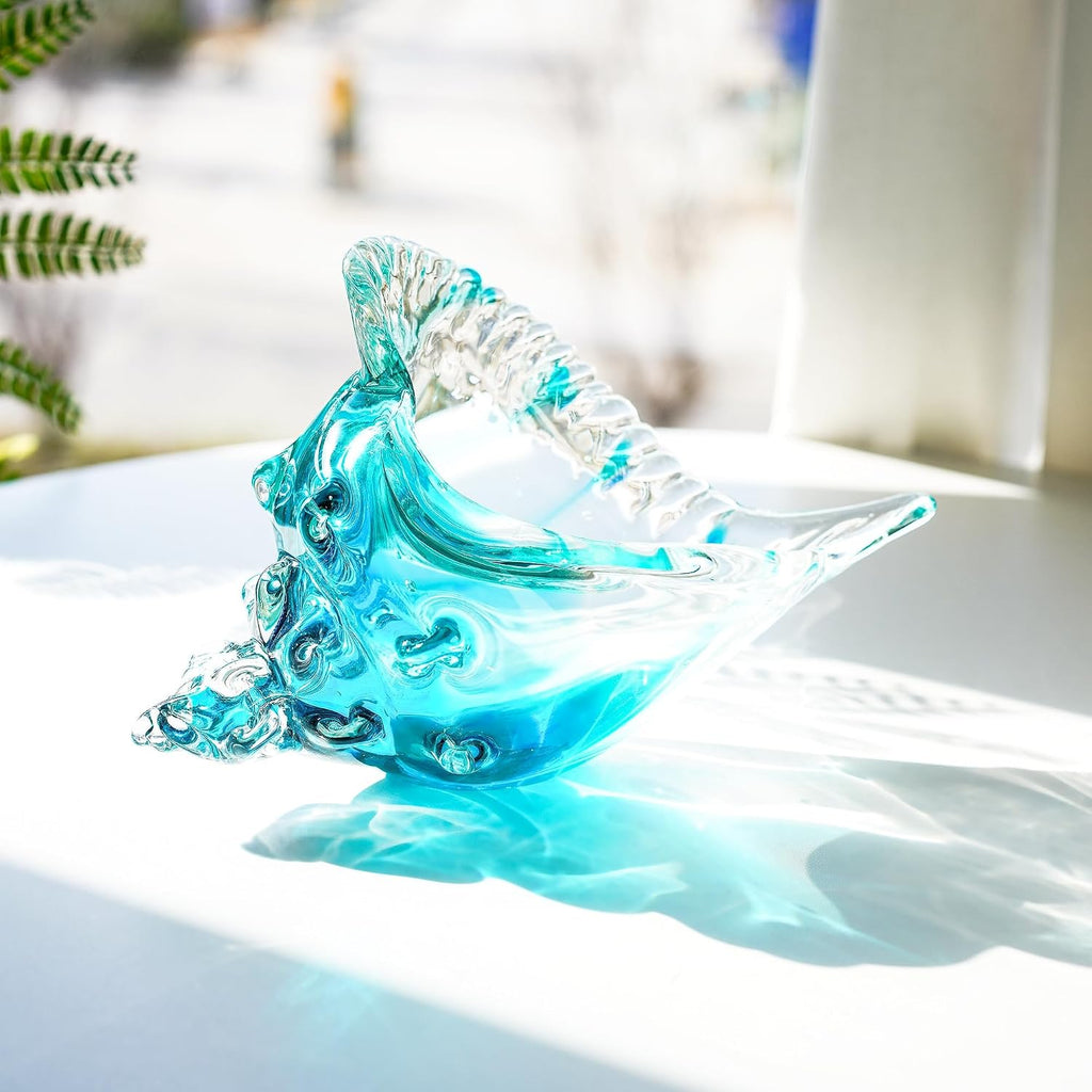 Blown Glass Conch Shell Sculpture, 8.2" Sea Glass Art Decor