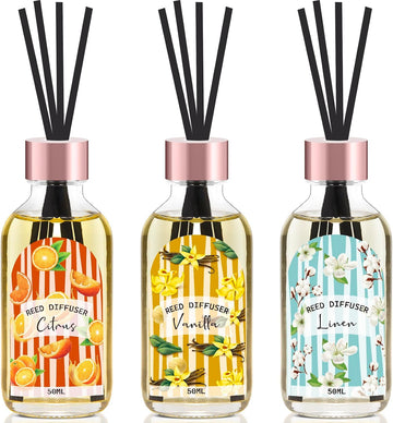 Reed Diffuser Pack, Linen Vanilla Citrus Scented Oil Diffuser with 15 Sticks, Reed Diffusers Air Freshener - Set of 3