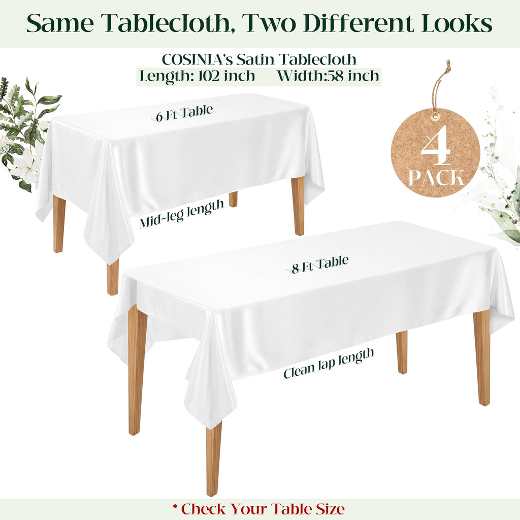 4 Pack White Satin Tablecloth 58 x 102 Inch Overlay Seamless Design