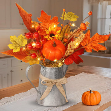 [Light & Timer] Fall Decor Table Centerpiece Rustic Metal Milk Jug with Artificial Orange Maple Tree Pumpkin