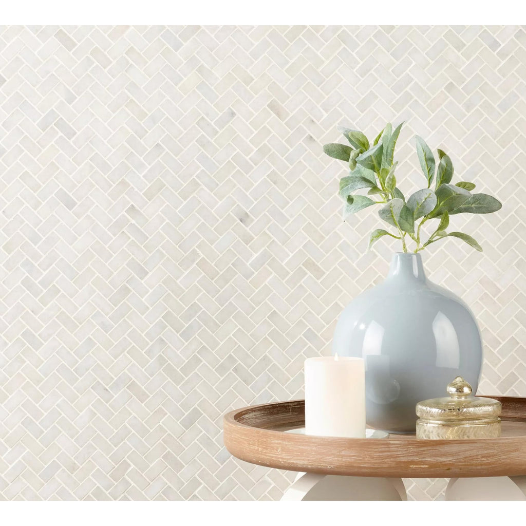 Bianco Herringbone Honed Marble Mosaic Tile 12x12 in Backsplash Bathroom Wall Shower Floor Fireplace Accent Natural
