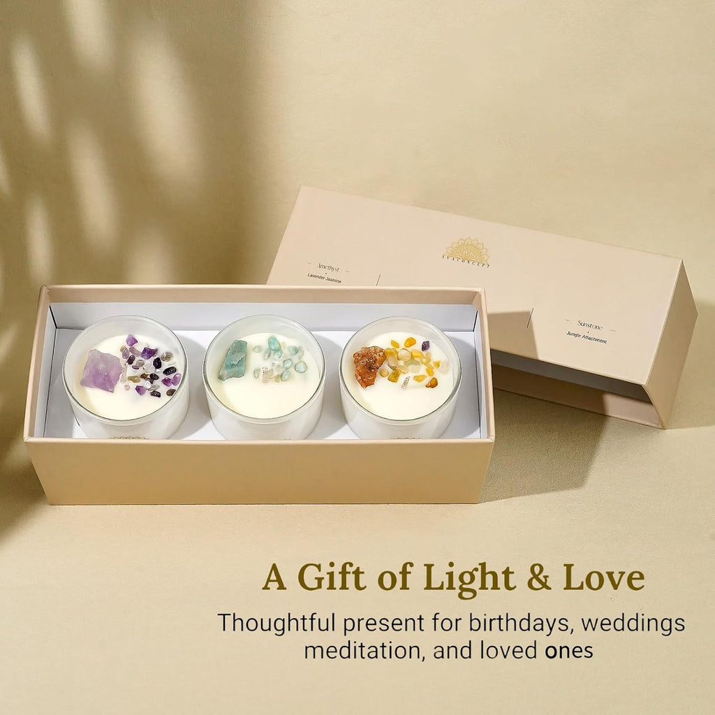 Healing Crystal Candle Gift Set Amethyst, Amazonite & Sunstone Hand-Poured Soy Wax Lavender - Set of 3