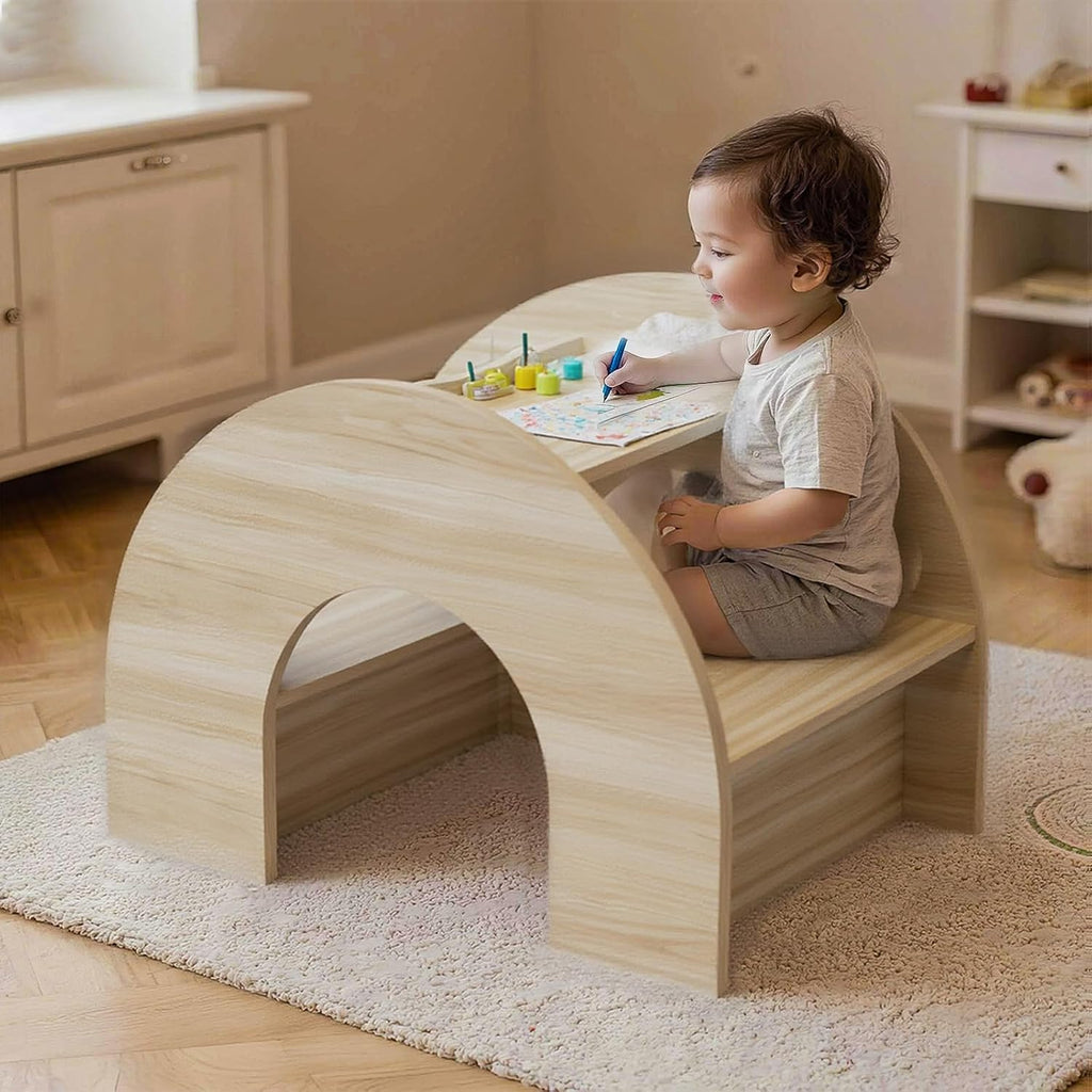 In-1 Kids Desk and Chair Set, Montessori Toddler Desk with Bookshelf for Ages 2-7 | Arched Baby Bookshelf