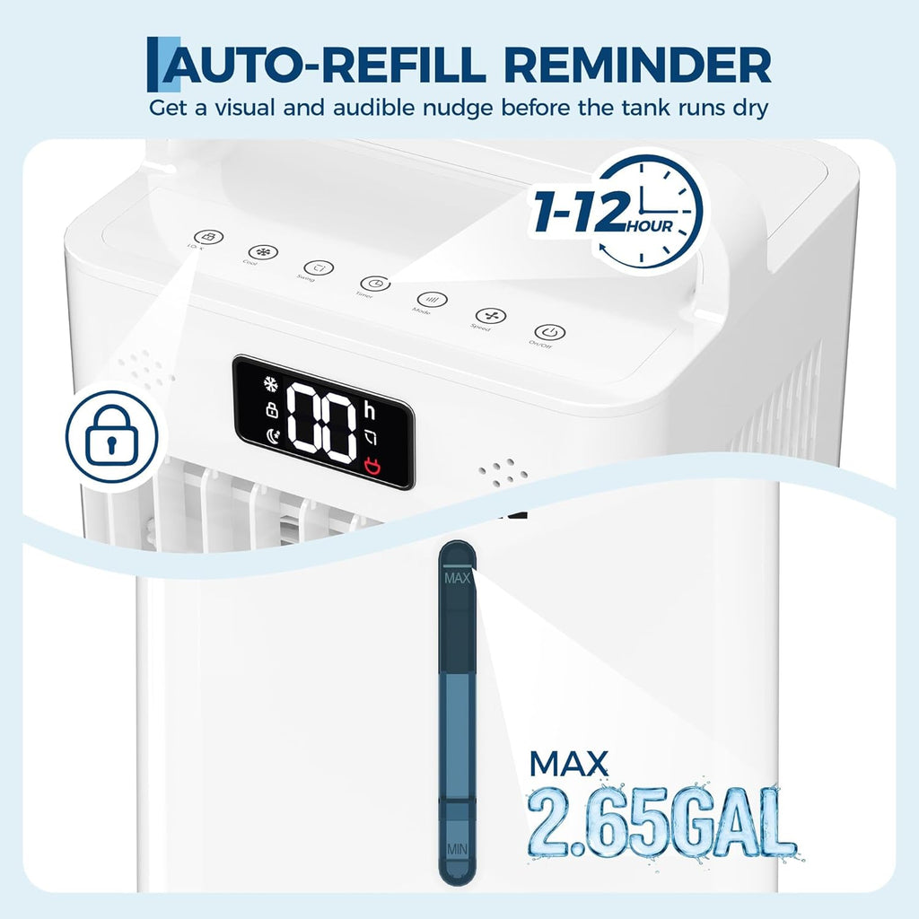 2.6 GAL Swamp Cooler with Touch & Remote Control, 3 Modes & 6 Speeds, 3-in