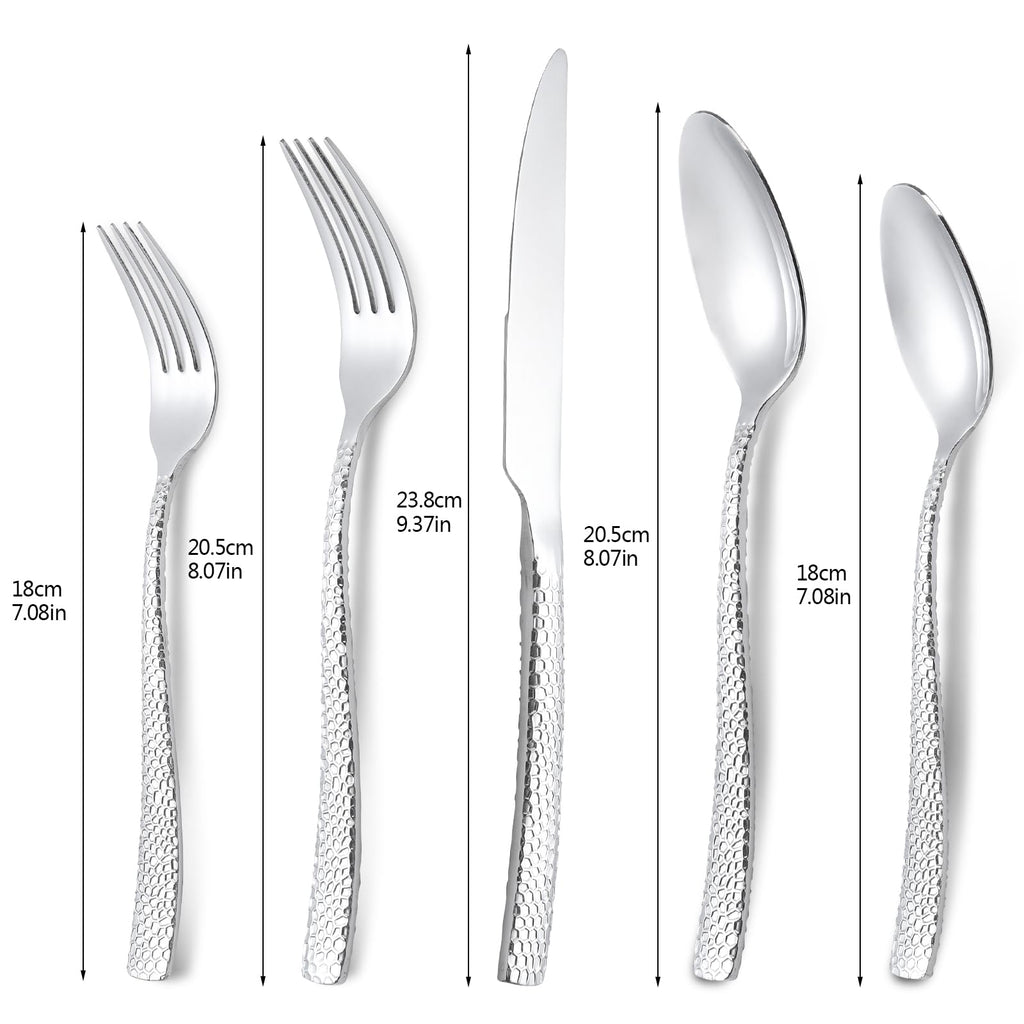 30-Piece Silver Silverware Set, Heavy Duty Hammered 18/10 Stainless Steel Flatware Set for 6, Food-Grade Cutlery Set