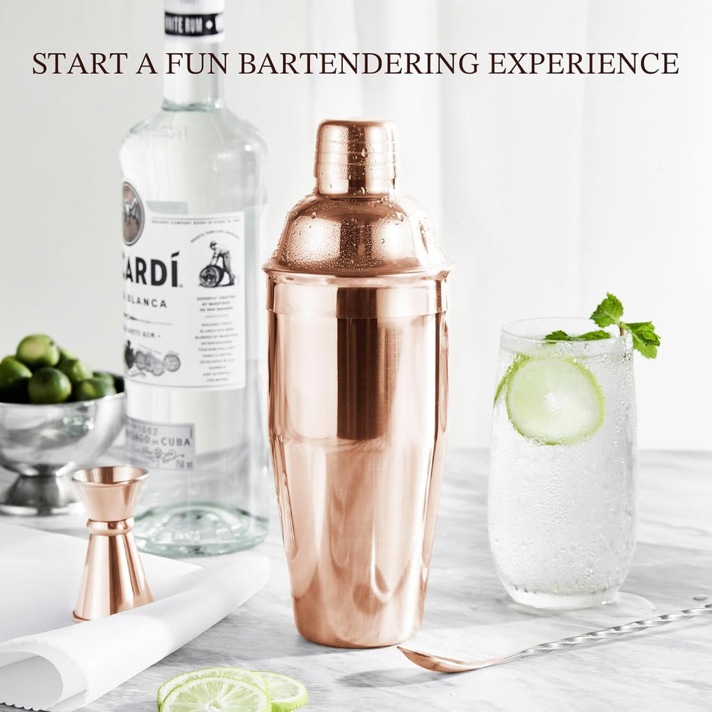 Cocktail Shaker Set, Stainless Steel Bartending Kit with 25 Ounce Cocktail Shaker with Built in Drink Strainer - Set of 6
