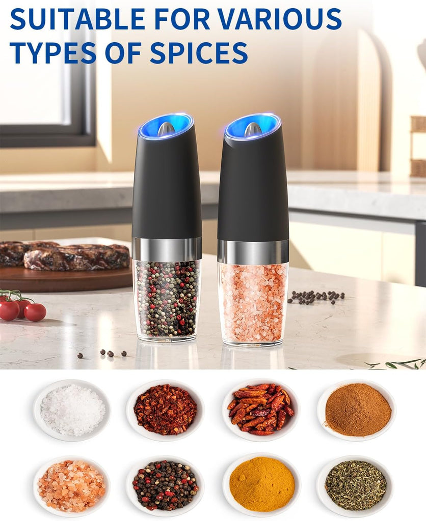 Gravity Electric Salt and Pepper Grinder Set Automatic Salt and Pepper Grinder Set with LED Light, Battery Operated - Set of 2