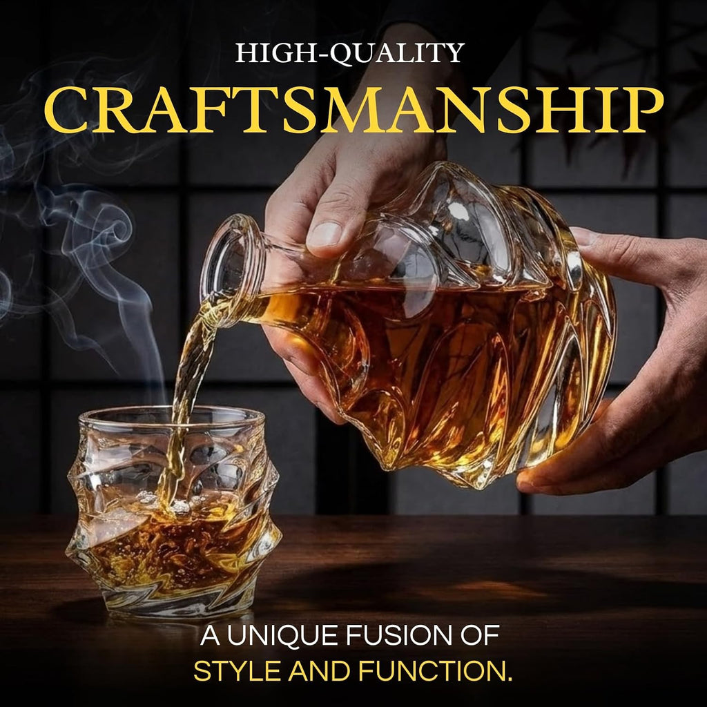 Storm Japanese Crystal Whisky Decanter Set with 4 Tumbler Glasses, Lead-Free Liquor Carafe & 10oz Rocks Glasses