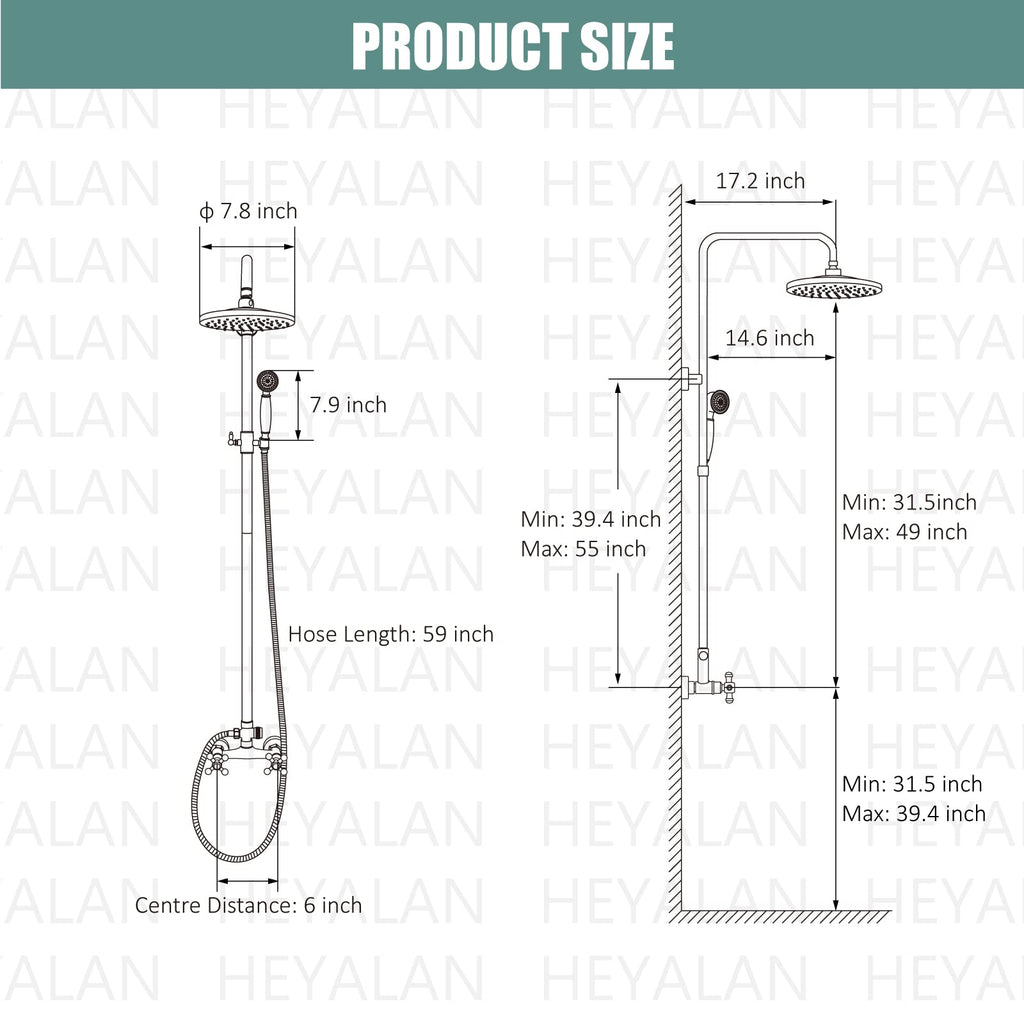 Dual Shower System, 8 Inch Rain Head, Handheld, Antique Brass