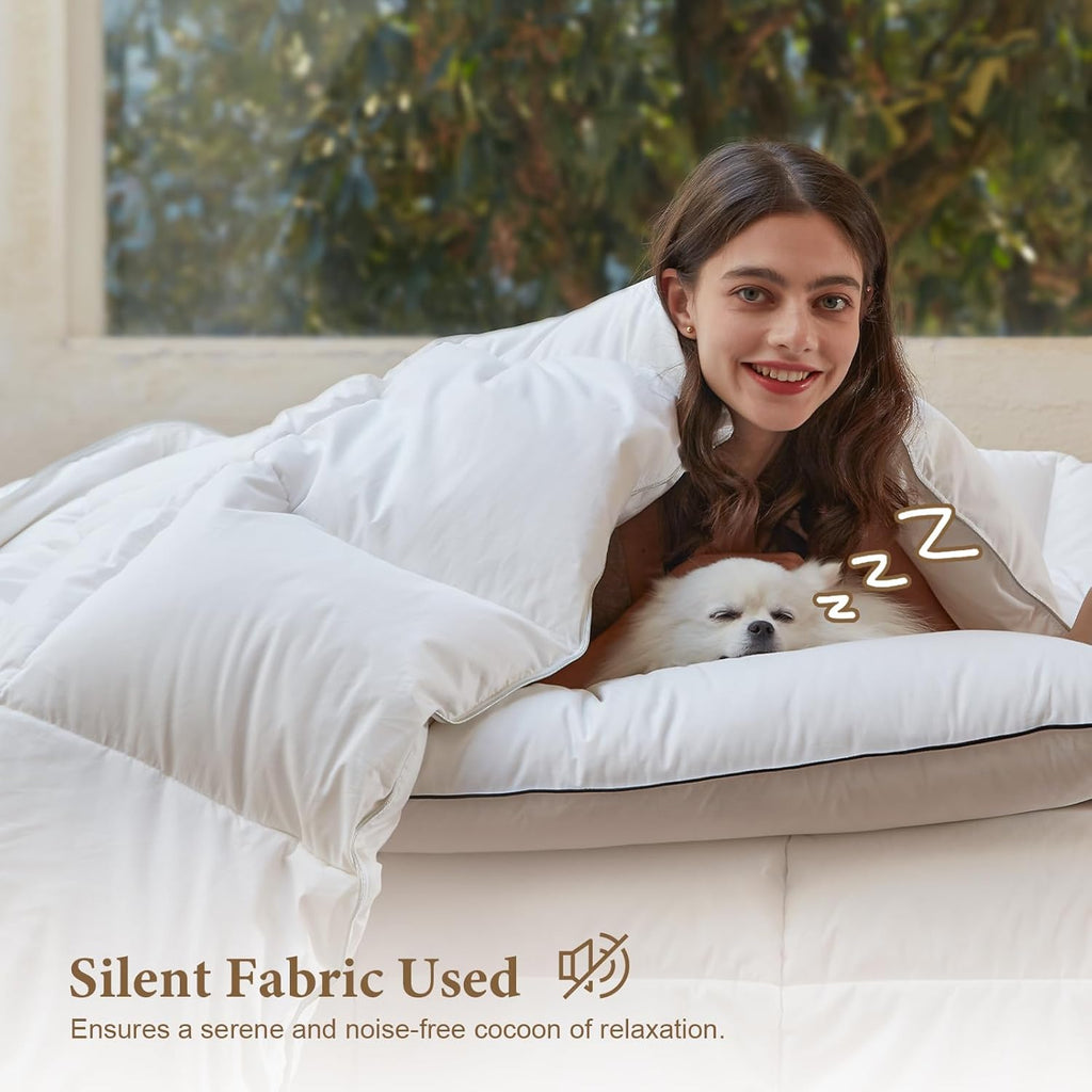 Luxury Oversized Queen Down Feather Fibers Comforter, Soft Cotton Blend Cover, High Fill Power Mediu