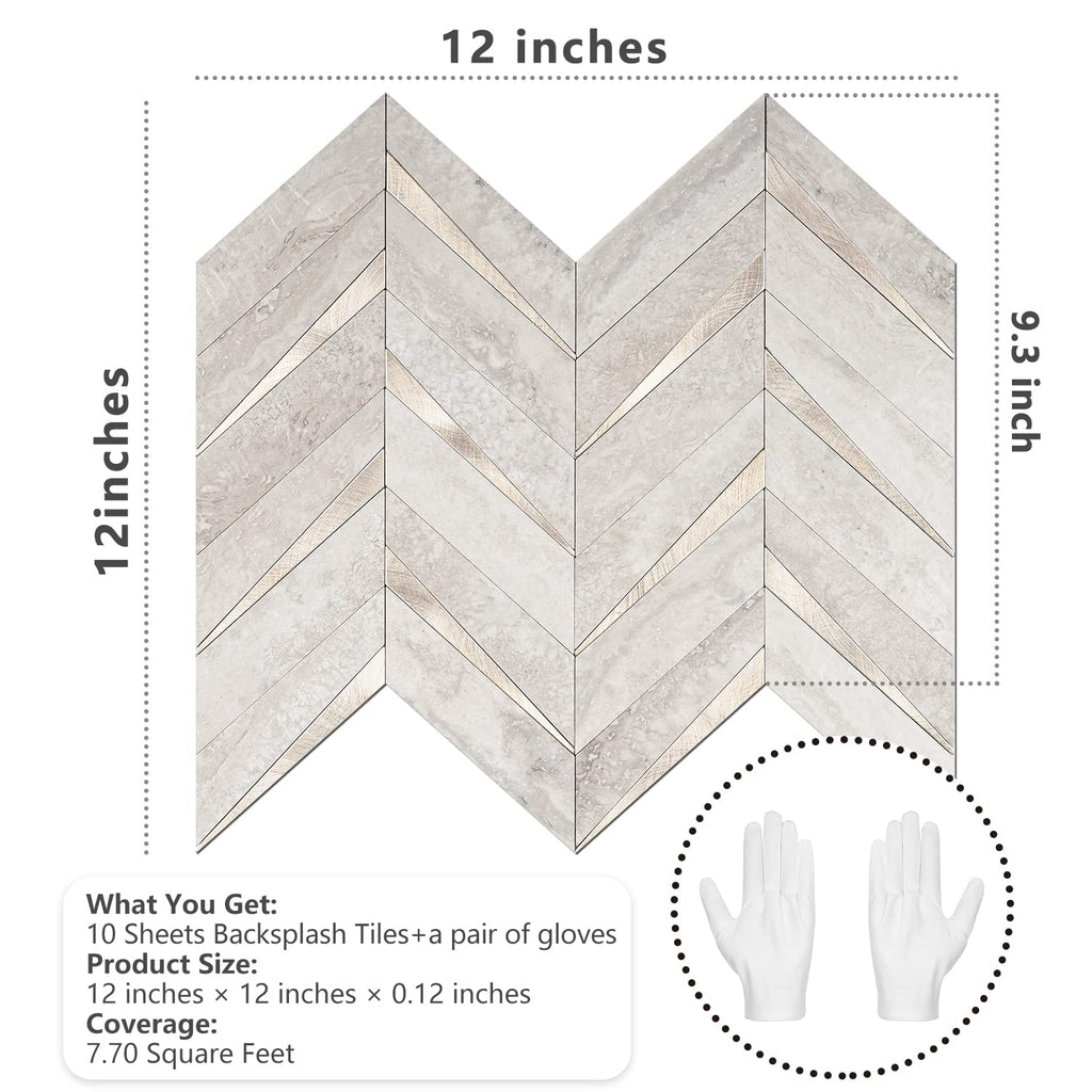 10-Sheet Herringbone Tile Peel and Stick Backsplash, Beige Mixed Metal Gold PVC Stick on Backsplash, Self Adhesive