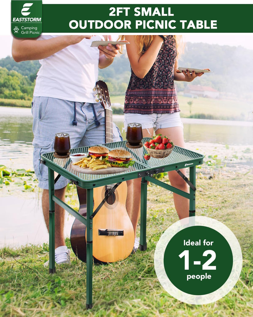 Small 2ft Folding Table with Carry Handle, Adjustable Height 10.6" or 22", Green Metal Mesh, Portable & Compact