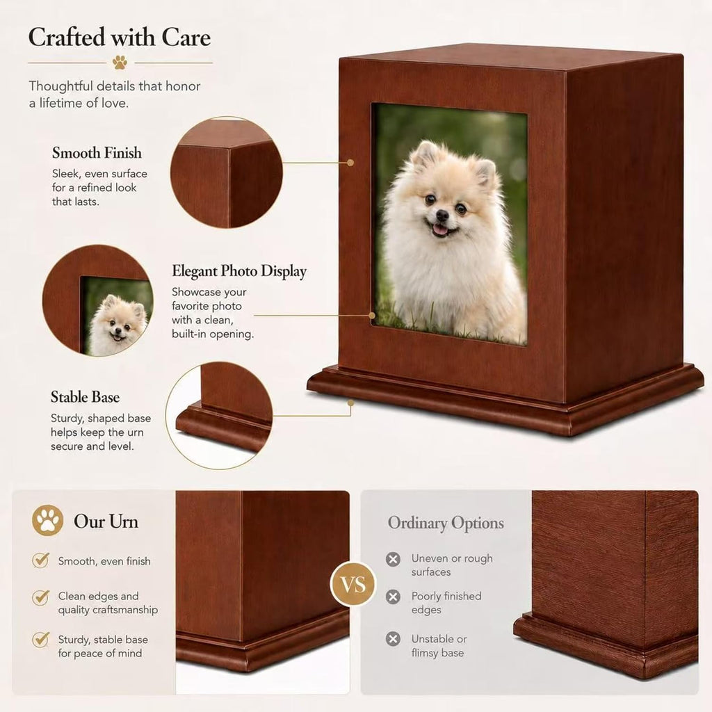 Dog Urn for Ashes - Wood Pet Cremation Box with Photo Frame, Cat Dog