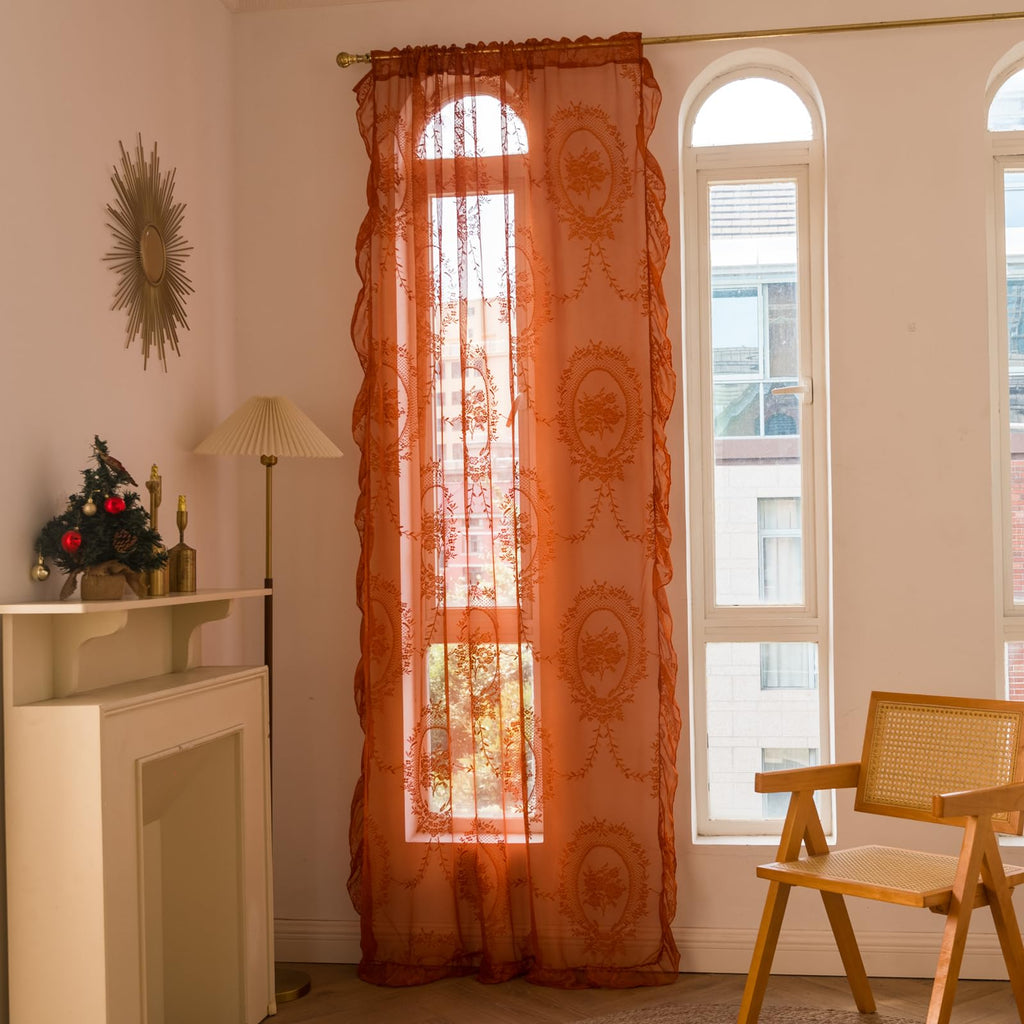Burnt Orange Lace Sheer Curtains 96 inches Long 2 Panels Set, Rust Terracotta Boho Florals Embroidery Vintage Window