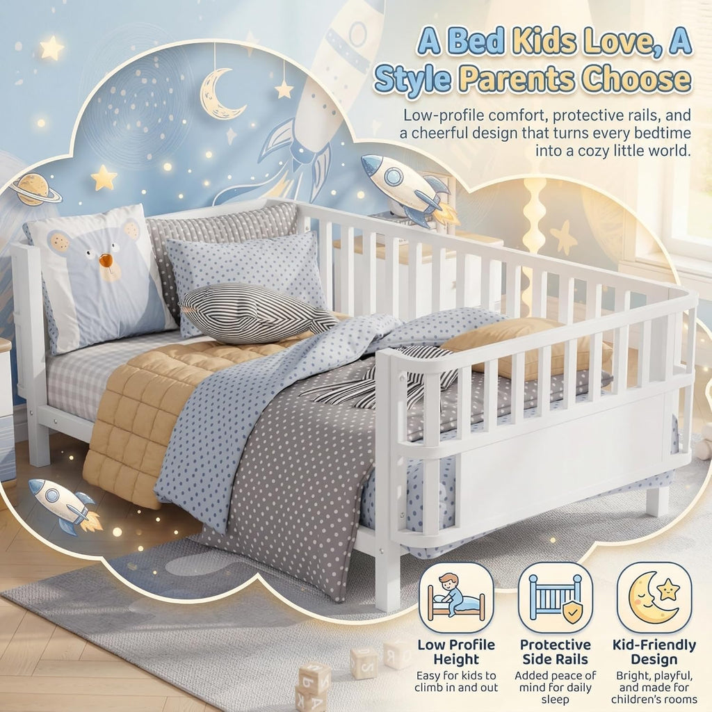 Kids Bed Frame with Rails, Low Profile Montessori-Style Metal Bed for Boys Girls Teens, Removable Side Rail, 3-Sided