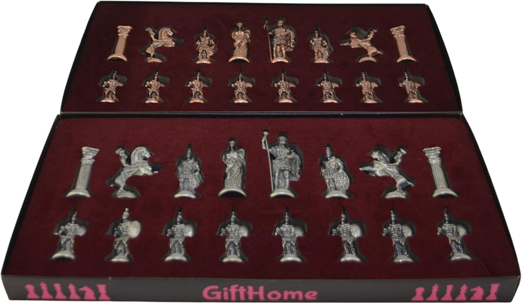 Historical Antique Copper Rome Figures Metal Chess Set for Adults, Handmade Pieces and Marble Design Wood Chess Board