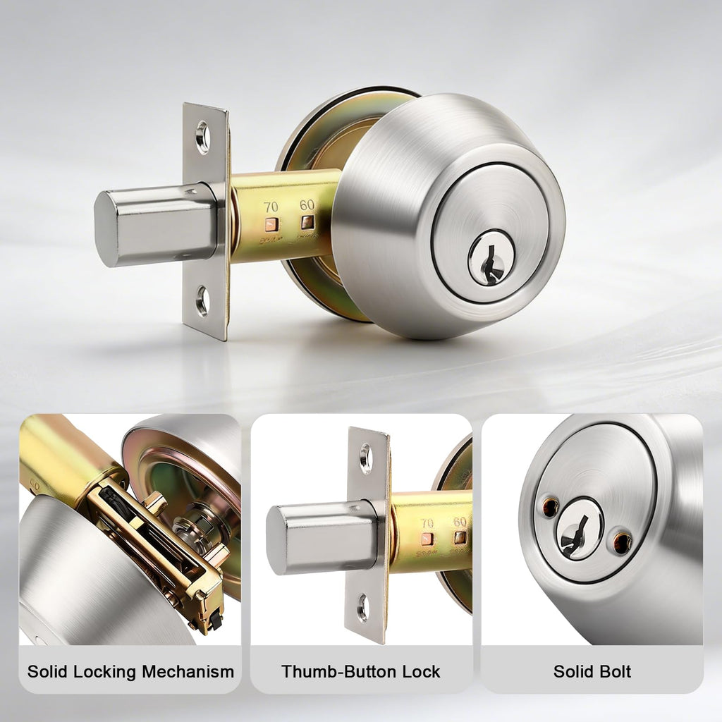 1 Pack Satin Nickel Double Cylinder Deadbolt Lock Set, Keyed Two Sides Door Lock for Exterior and Interior Door