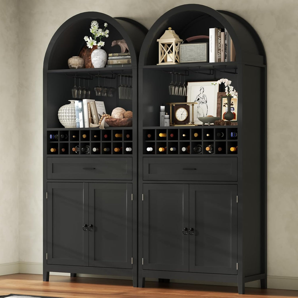 76" Arched Wine Bar Cabinet with Drawer, Glass Holders & Wine Rack | Modern Liquor Bars Cabinet W/Drawer & Shelves