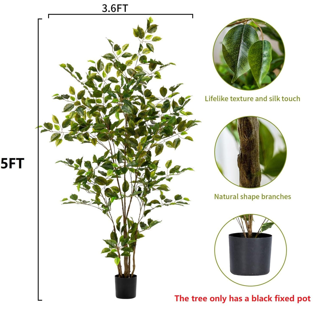 Artificial Ficus Tree Indoor 5ft, Large Potted Faux Tree with Realistic Silk Leaves & Trunk Corner Decor