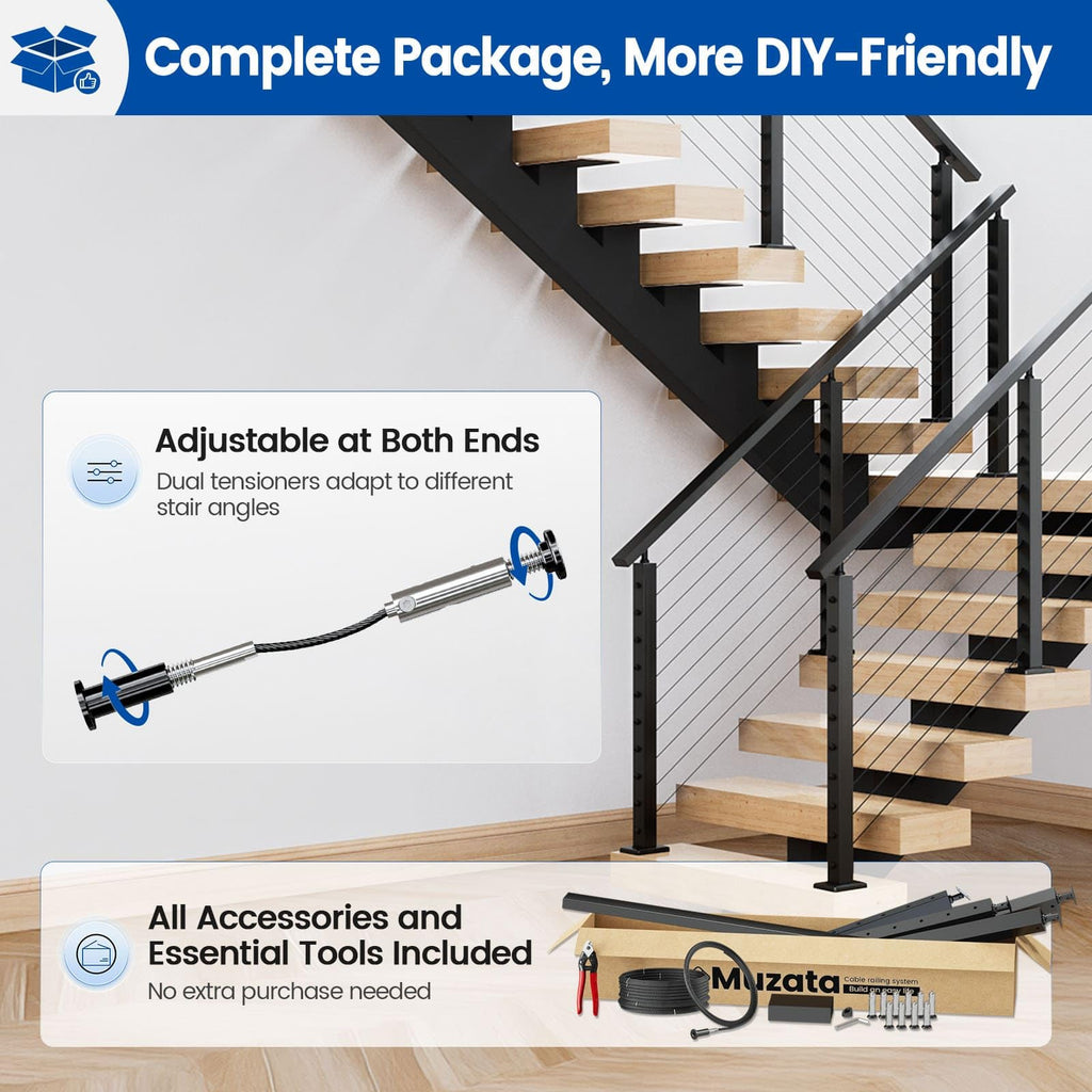 8-12ft Pre-Crimped Complete Cable Railing Kit for Stairs 36in RC09