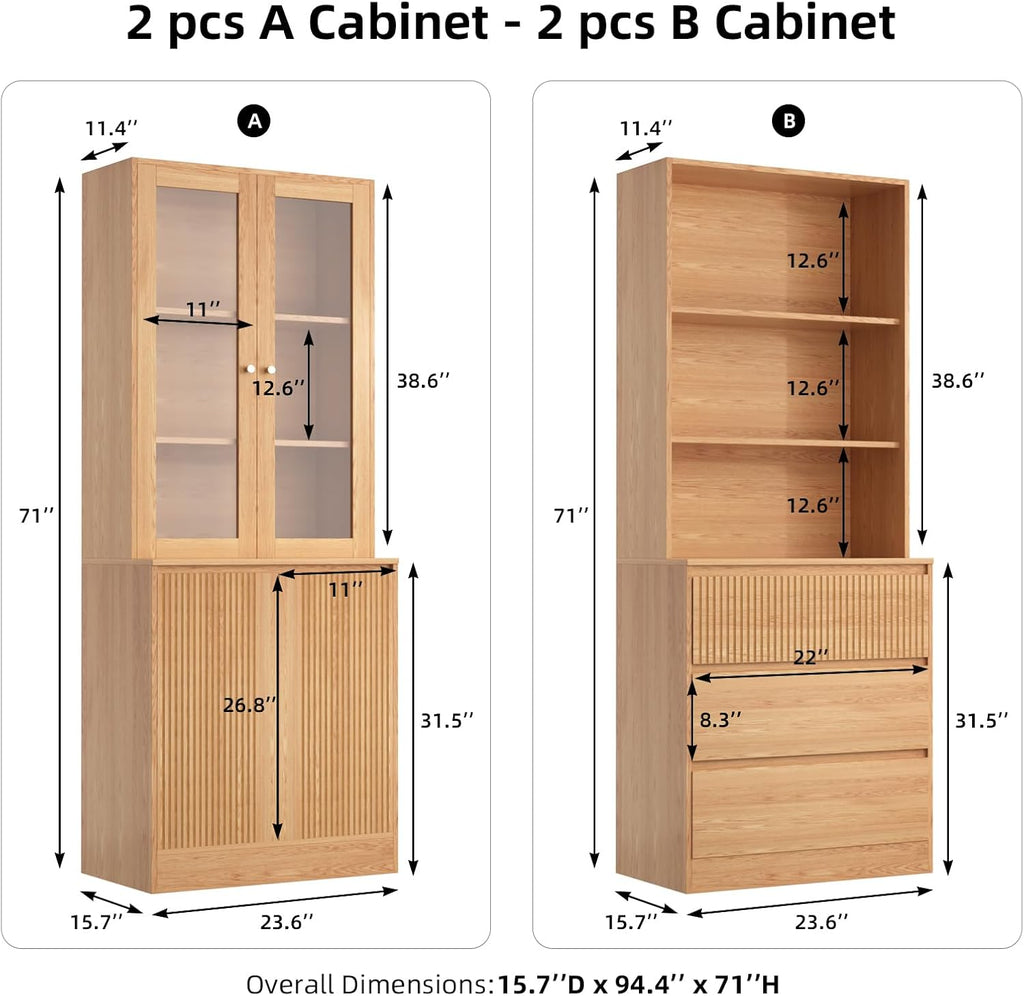 Tall Bookcase with Glass Doors and Drawers,71'' Wooden Bookshelf with Storage,Display Cabinet ,Set of 4 (Baab)