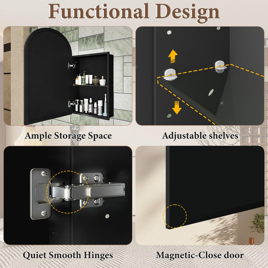 Arched Recessed Medicine Cabinet with Mirror, 20 x 30 Inch, Black Frame
