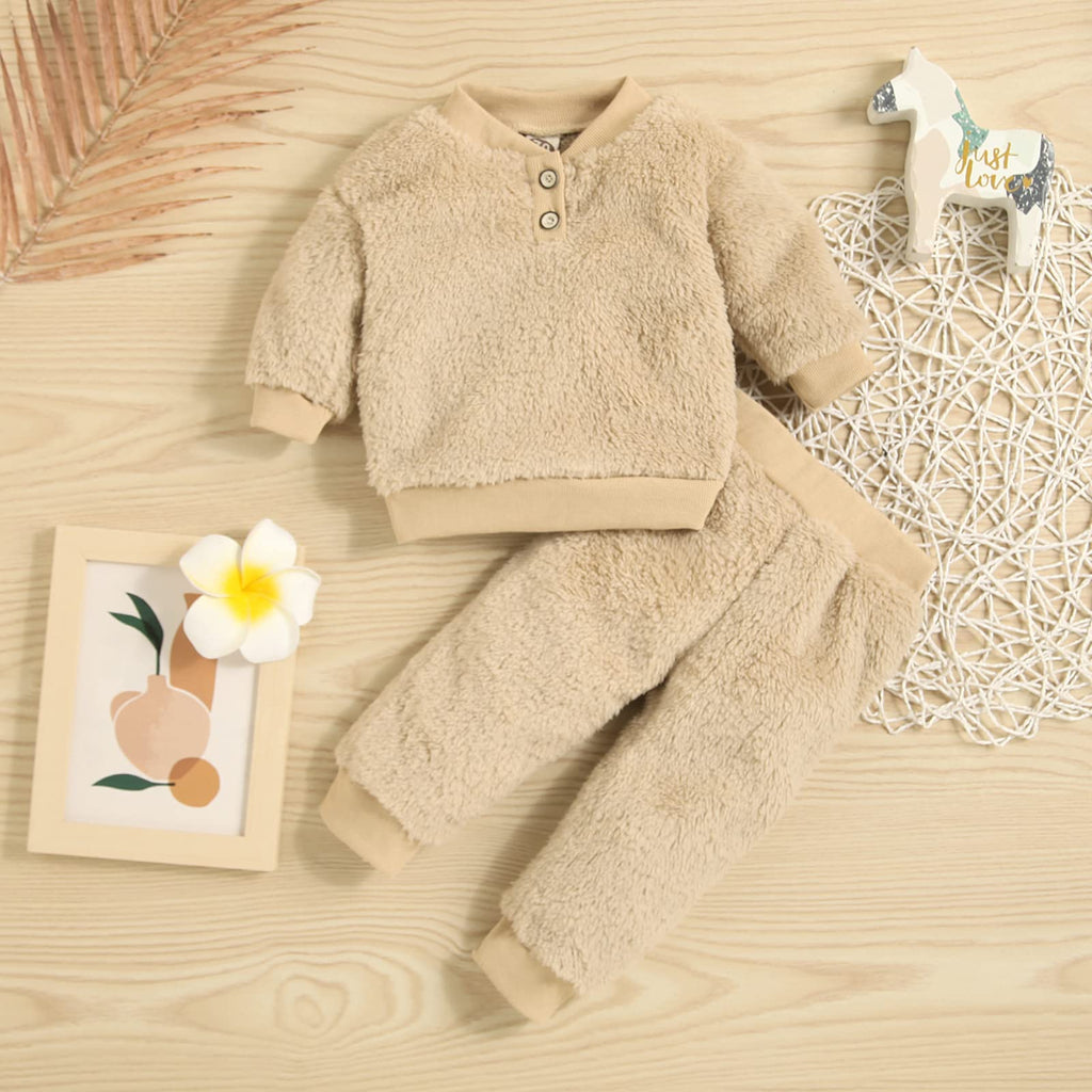 Toddler Baby Boy Girl Fleece Two Piece Clothes Long Sleeve Plush Pullover Sweatshirt+Trousers Set Cute Furry Outfit