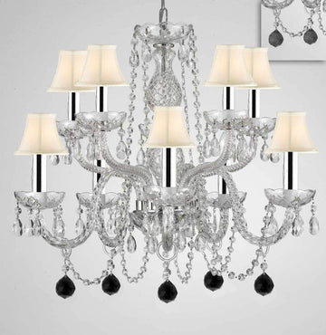 Chandelier Lighting Crystal Chandeliers H25" X W24" 10 Lights w/Chrome Sleeves - Dressed w/Jet Black Crystal Balls! Great for Dining Room, Living Room, Bedroom, Kitchen! w/White Shades - G46-B43/B95/WHITESHADES/CS/1122/5+5