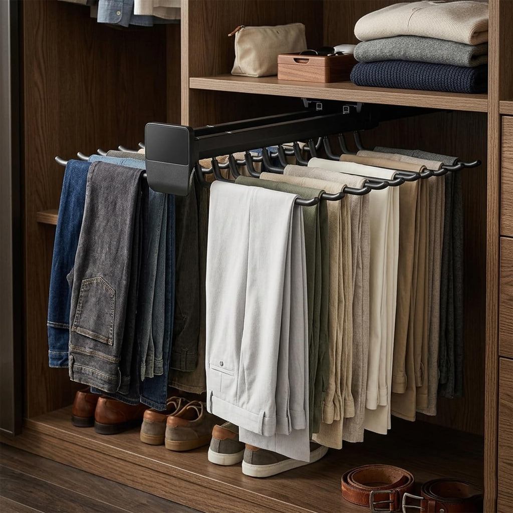 Pull Out Pants Rack16 Arms Steel Pants Holder for Closet(Black)