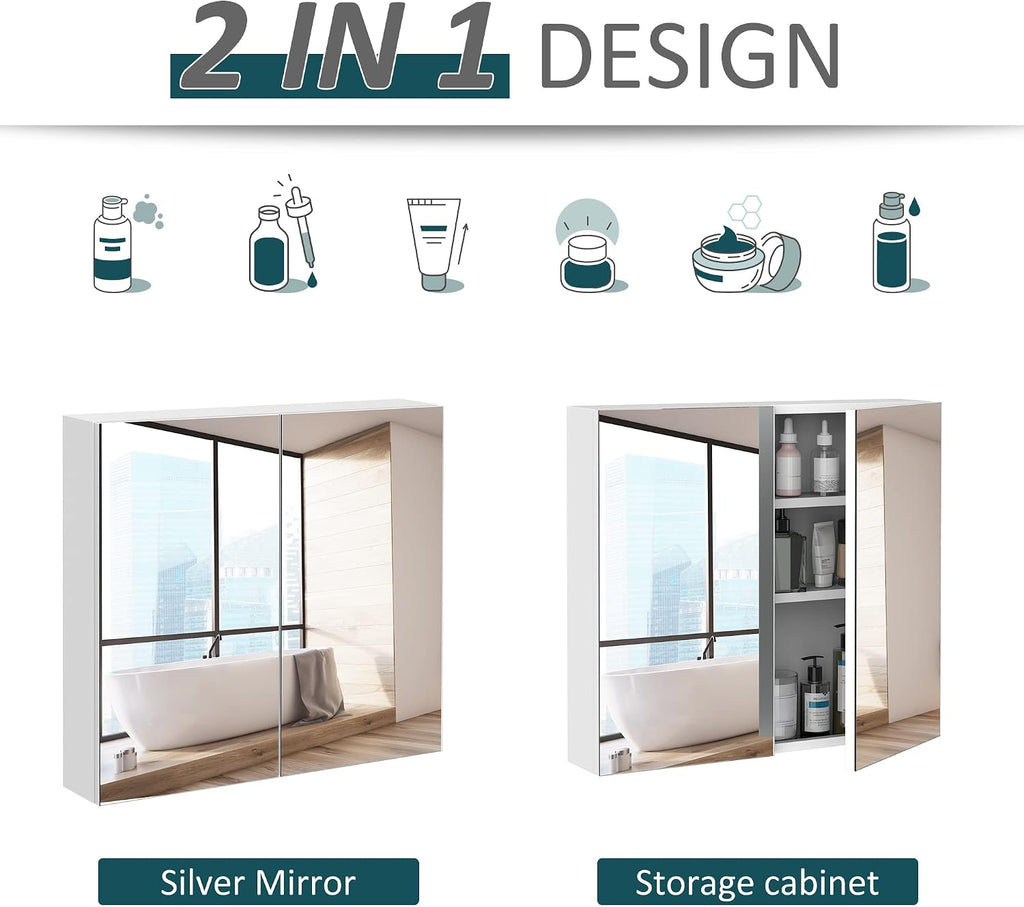 Bathroom Mirrored Cabinet Steel Frame Double Doors 24"x22" White | Medicine Cabinet, Wall-Mounted Storage Organizer