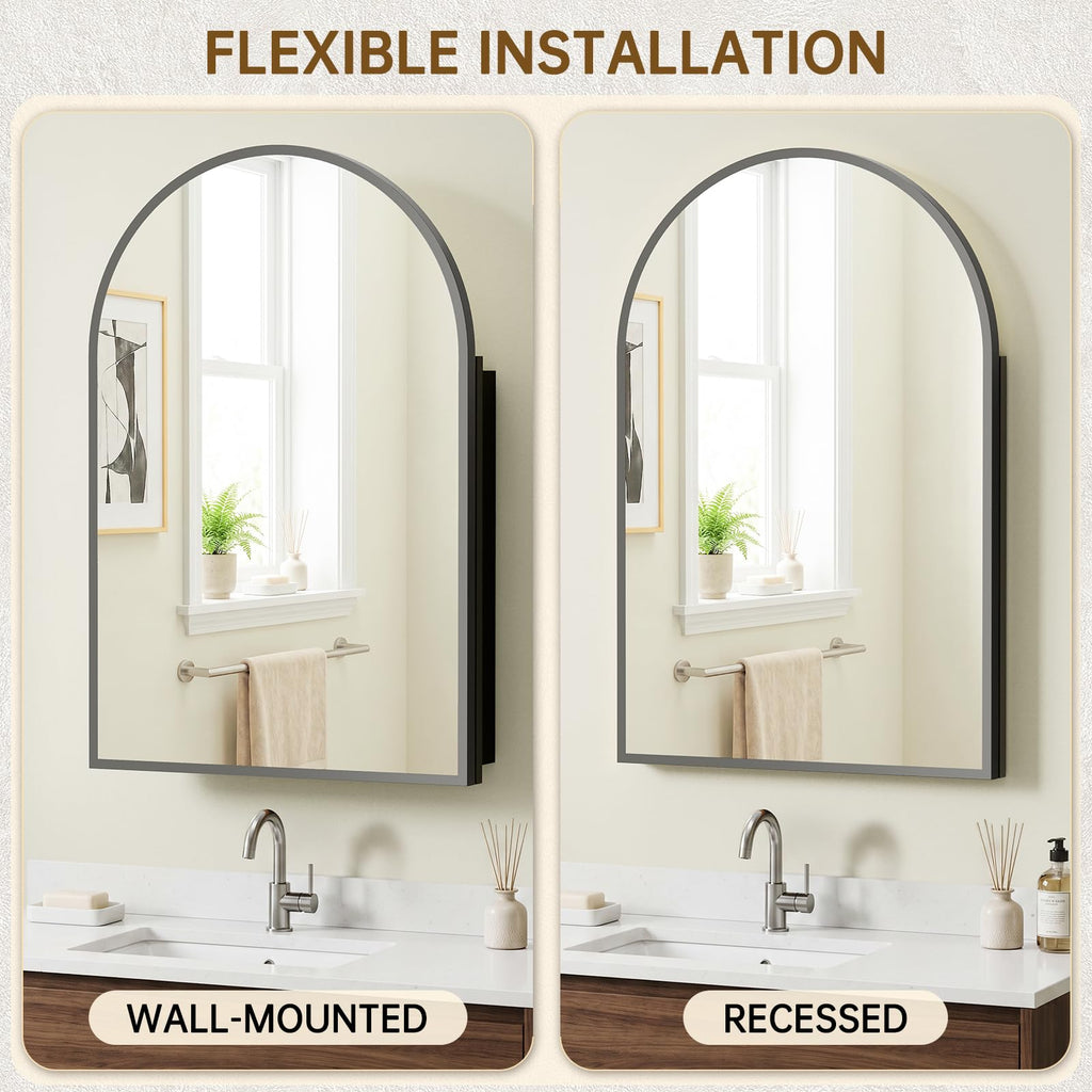 Arched Recessed Medicine Cabinet with Mirror, Bathroom Mirror Storage, Black