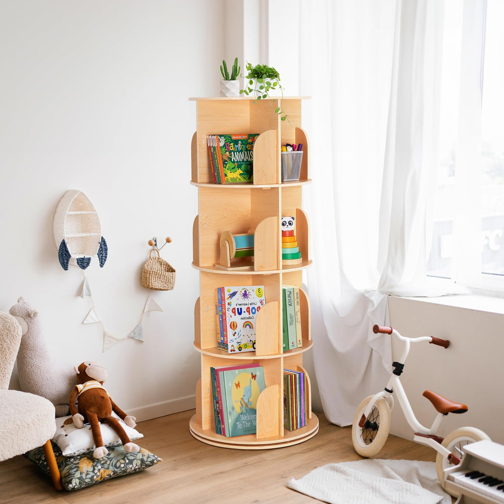 4-Tier Rotating Bookshelf Tower, 360°Display Wooden Spinning Bookcase