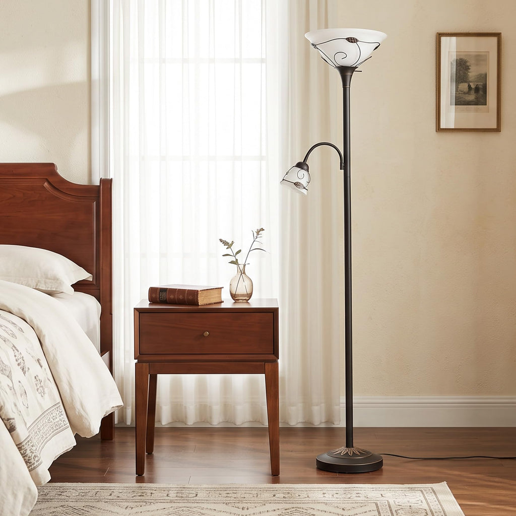 Torchiere Floor Lamp Tiffany Style w/ Side Reading Light, 3-Way Switch Combo Antique Bronze Mother Daughter Floor