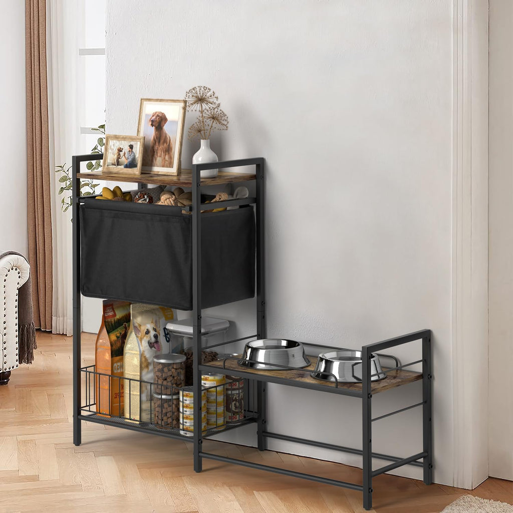 Elevated Dog Bowl Stand with Toy Bin Basket, 4 Height Adjustable Raised Feeding Station Cabinet, Lifted Food