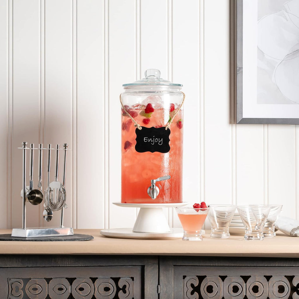 2 Gallon Beverage Serveware with Stainless Steel Spigot + Marker & Chalkboard 100% Leakproof Glass Drink Dispenser