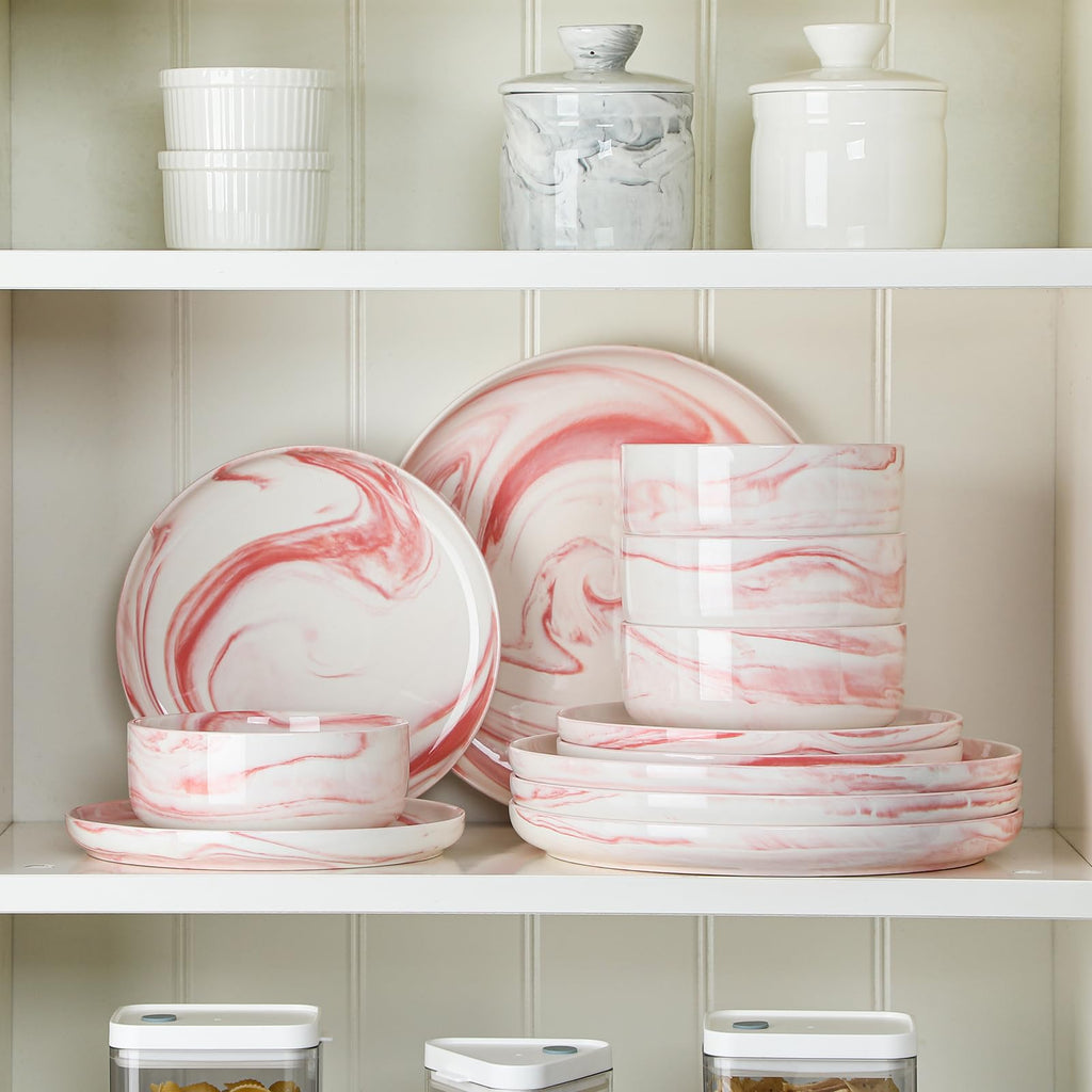 12 Pcs Porcelain Plates and Bowls Sets,Dinnerware Set for 4,Pink