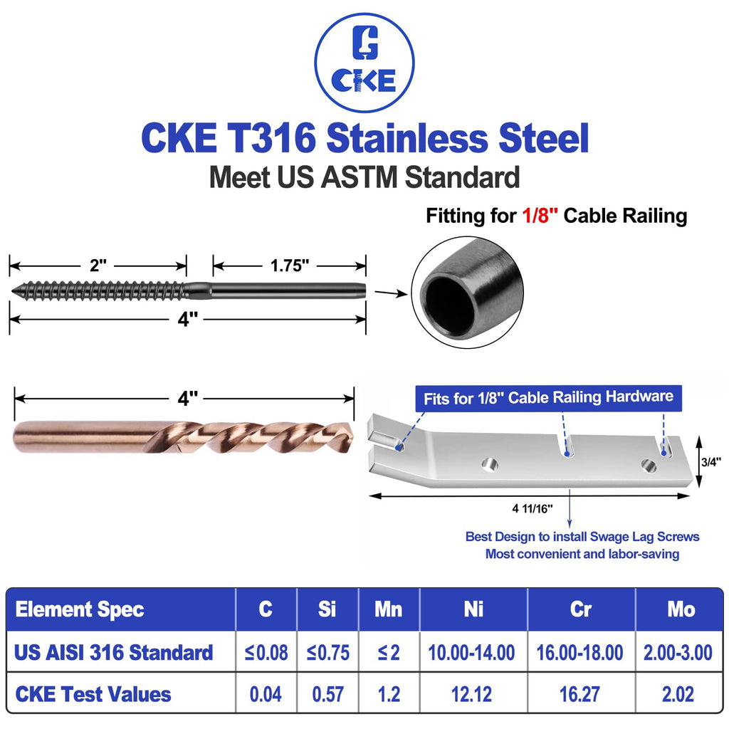 200 Pack 1/8" Black Cable Railing Kit, T316 Marine Grade Stainless Steel Right&Left Handed Thread Swage Lag Screws