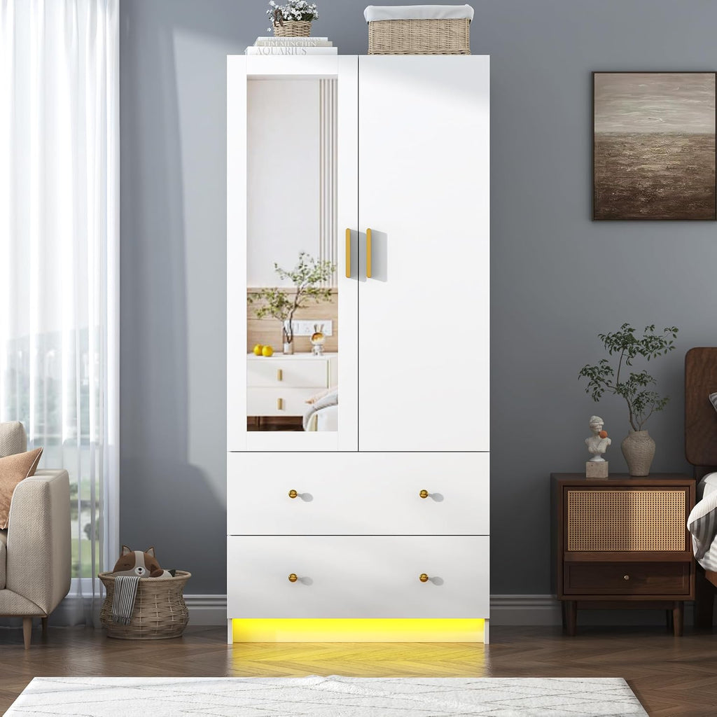 2 Doors Armoire Wardrobe Closet with Mirror, LED Closet with Doors and Drawers, Wooden Wardrobe Storage Cabinet with