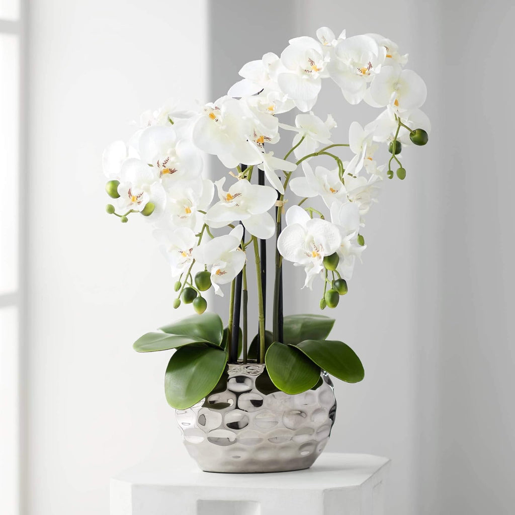 Potted Faux Artificial Flowers Arrangements Realistic White Phalaenopsis Orchid in Silver Pot Home Decoration Living