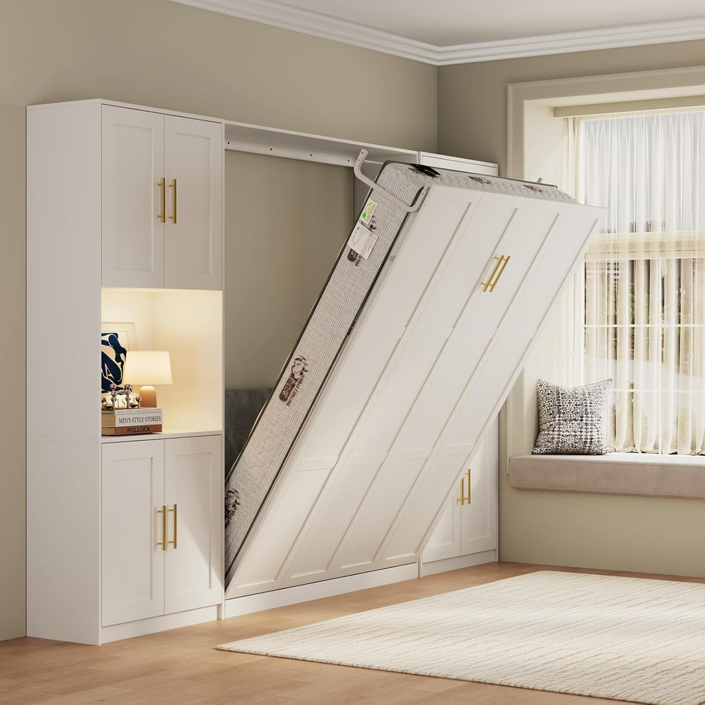 Farmhouse Murphy Bed Queen, 85" Wall Bed Folds to Save Space, Concealed Bed Frame with 2 Storage Cabinets and Wall