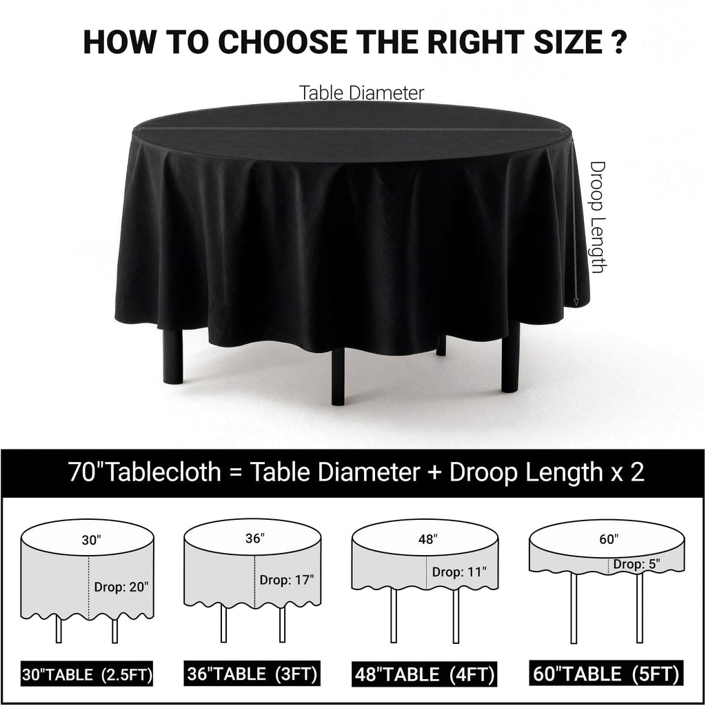 6 Pack Round Table Cloth 70 Inch Black Polyester Tablecloth Stain and Wrinkle Resistant Washable Table Cover for