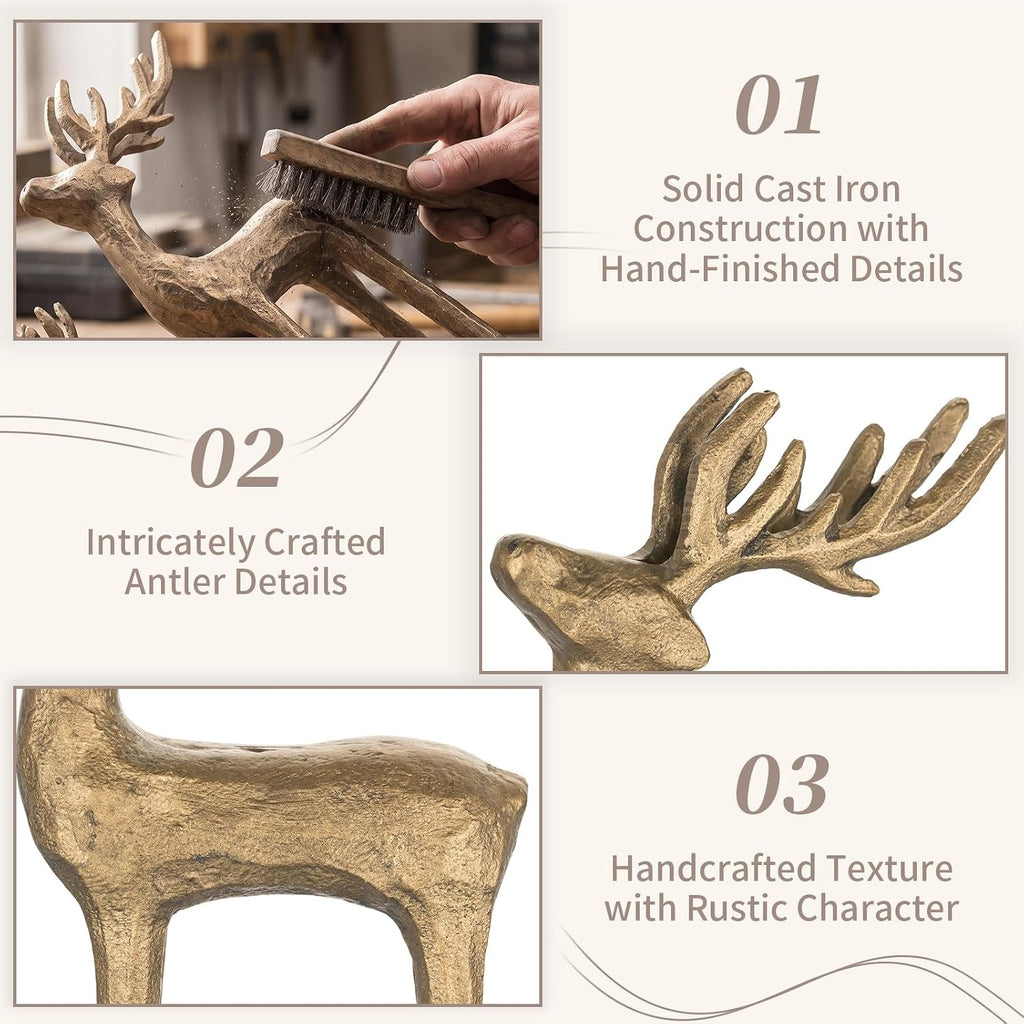 Gold Reindeer Christmas Decor: Set of 2 Iron Reindeer Figurines