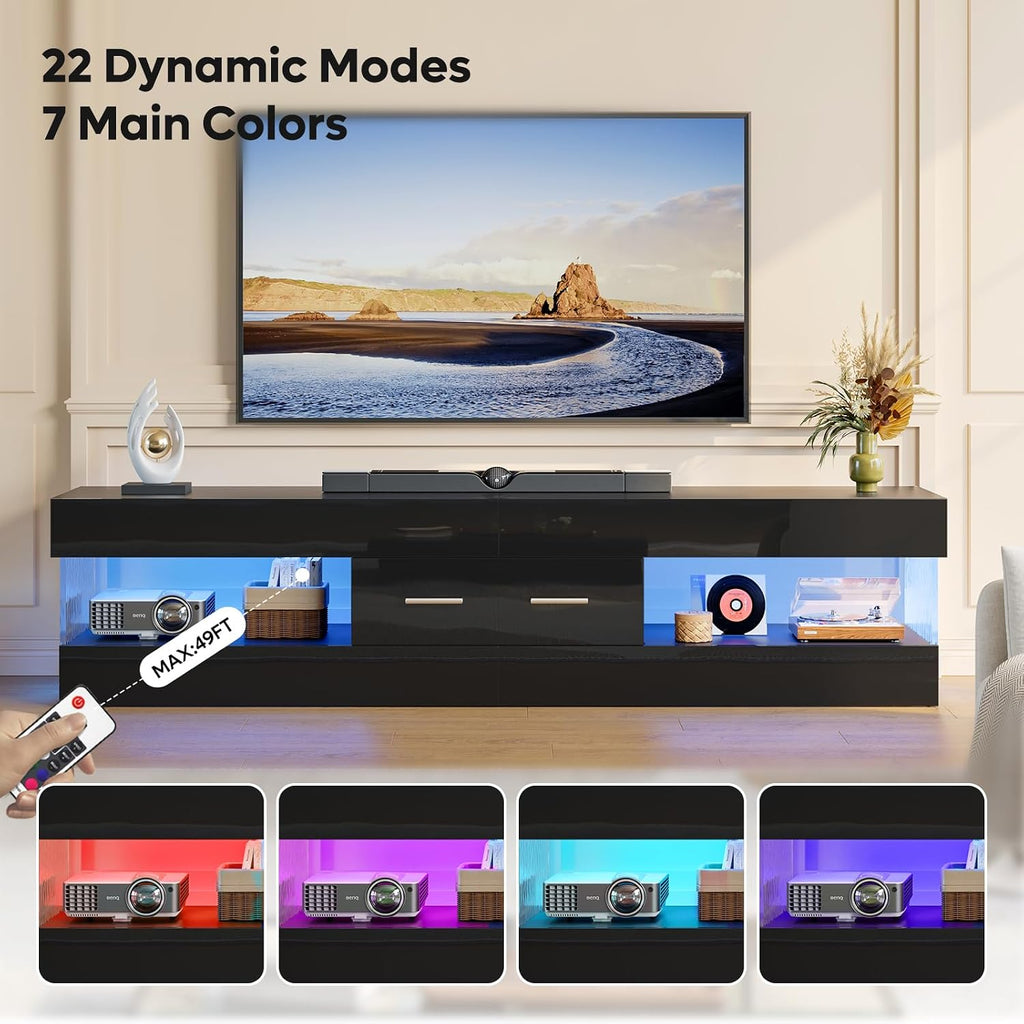 67" Modern TV Stand for TVs 55 to 75 Inch, High Gloss LED Entertainment Center with Stone-Patterned Doors, TV Console