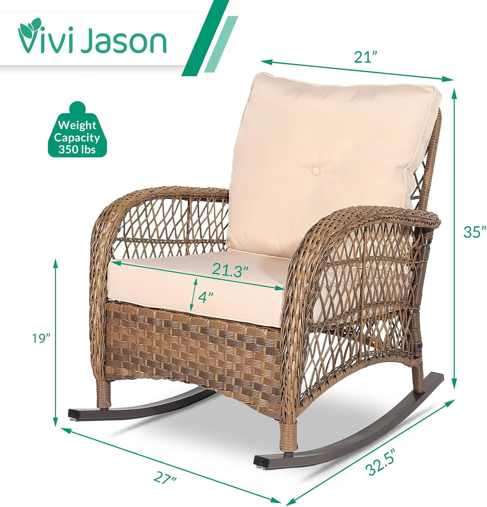 Outdoor Wicker Rocking Chair, Patio Rattan Rocker Chair with Cushions & Steel Frame, All-Weather Rocking Lawn Wicker