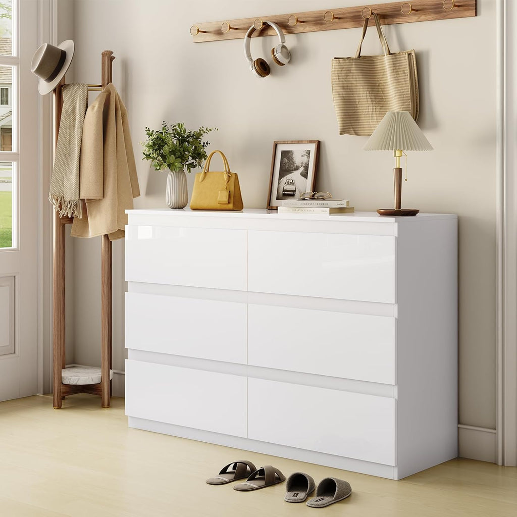 White Dresser Wood 6 Drawer Modern High Gloss | 47" Wide, Handle-Free, long, TV Stand, Storing CLothes, Dressers &